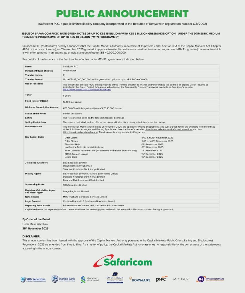 Safaricom invites Kenyans to invest in Sh15 billion bond with as low as 50k