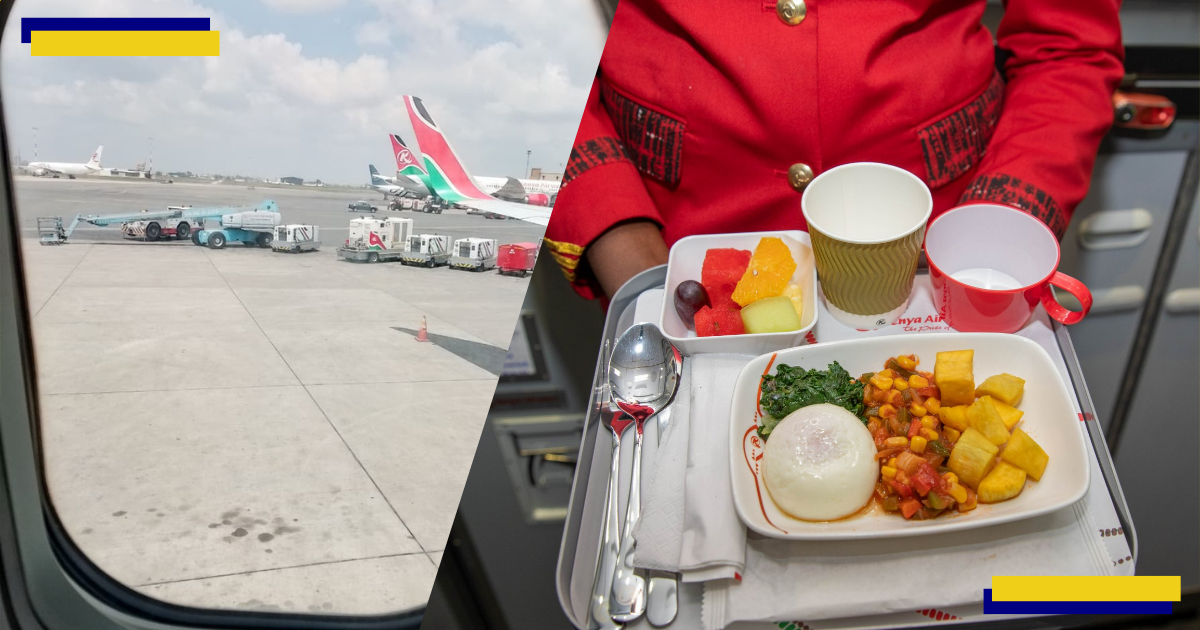 View of KQ planes from inside an aircraft (l), picture of an inflight meal (r)