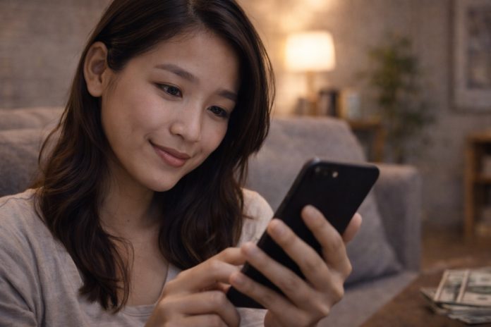 A girl is monitoring changes in betting odds on her smartphone