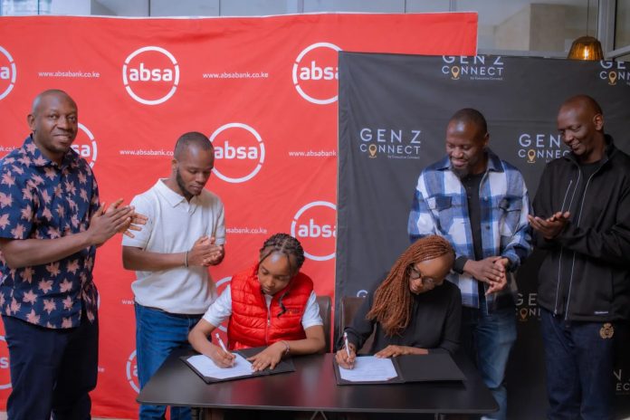 L-R: Gen Z Connect representatives Byron Osiro, Amos Pride and Michelle Karanja; Absa Bank Kenya Marketing and Corporate Affairs Director Mwihaki Wachira, Absa Bank Kenya Head of Digital Banking Steven Omamo, Absa Group Chief Executive, Personal and Private Banking (Pan Africa) Sitoyo Lopokoiyit during the signing of a Memorandum of Understanding (MoU) between Absa Bank Kenya and Gen Z Connect to strengthen youth empowerment, leadership development and financial inclusion.
