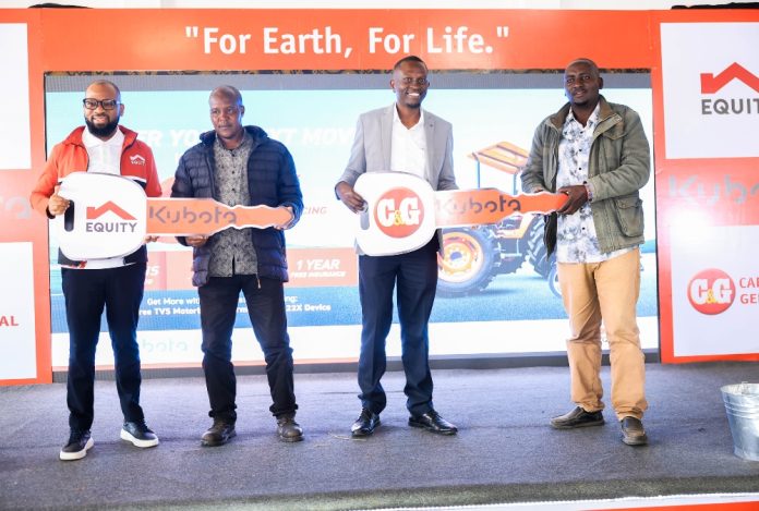 Kagiso Moloi, Commercial Director at Equity Bank Kenya, and George Rubiri, General Manager of Car & General Trading Kenya, handover dummy keys for Kubota tractors to farmers during the the signing of a memorandum of understanding in Nakuru aimed at enhancing farmers’ access to Kubota tractors through affordable and flexible financing. Under the partnership, Equity Bank will finance up to 90 per cent of the cost of Kubota tractors, with farmers required to provide a 10 per cent deposit.
