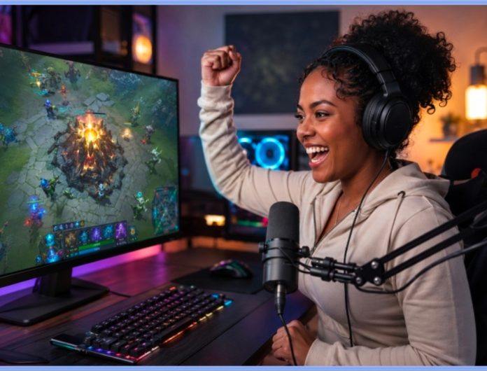 Woman celebrating a gaming victory at her computer.