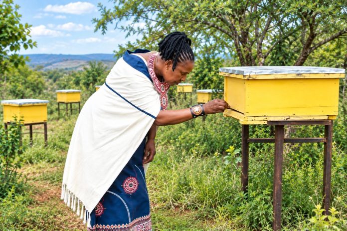 Rosemary Mosiany inspects a hive at her farm in Laikipia County.