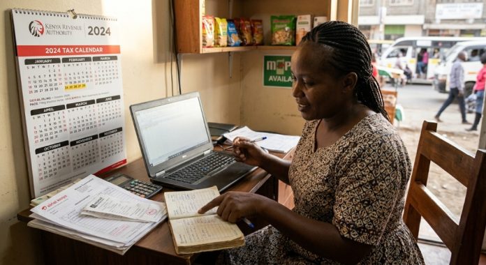 A Kenyan small-business owner reviewing invoices, a cashbook and a tax calendar beside a laptop.